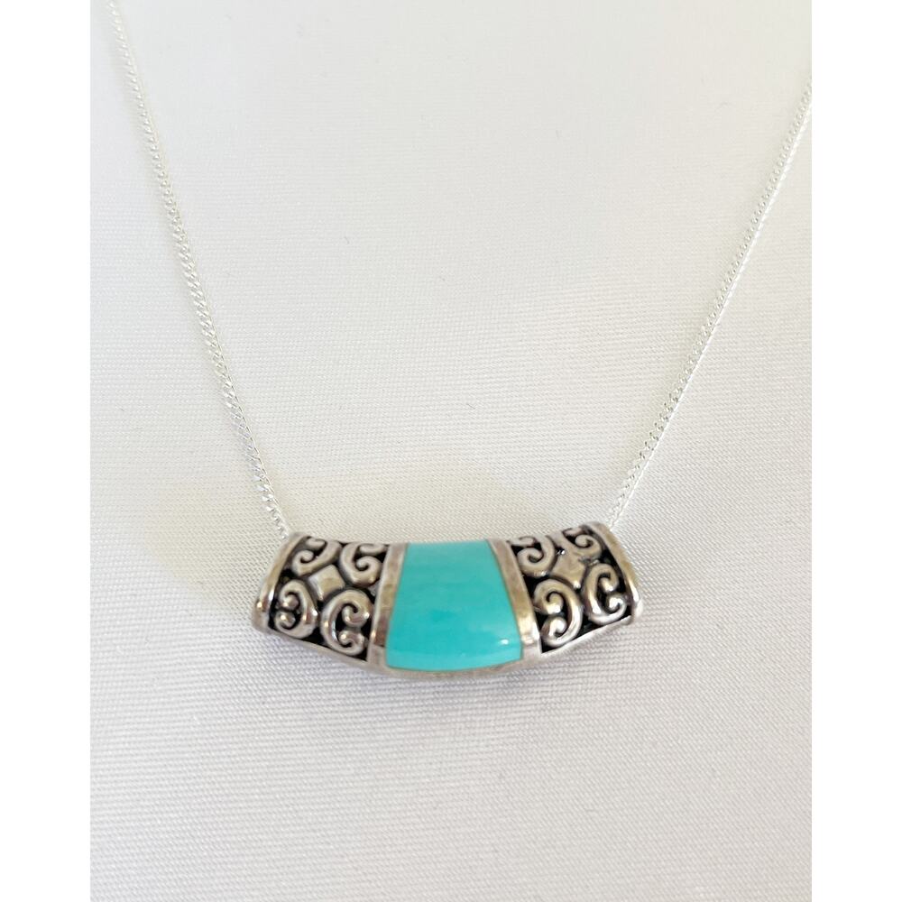 Turquoise Stone Filigree Sterling Silver Tube Pendant Necklace 925 Vintage 1980s